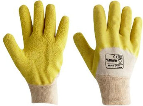 5RC476 GLOVE SAFETY MASTER GLASS GRIPPER 3/4 LATEX DIPPED COTTON LINED KNITWRIST YELLOW